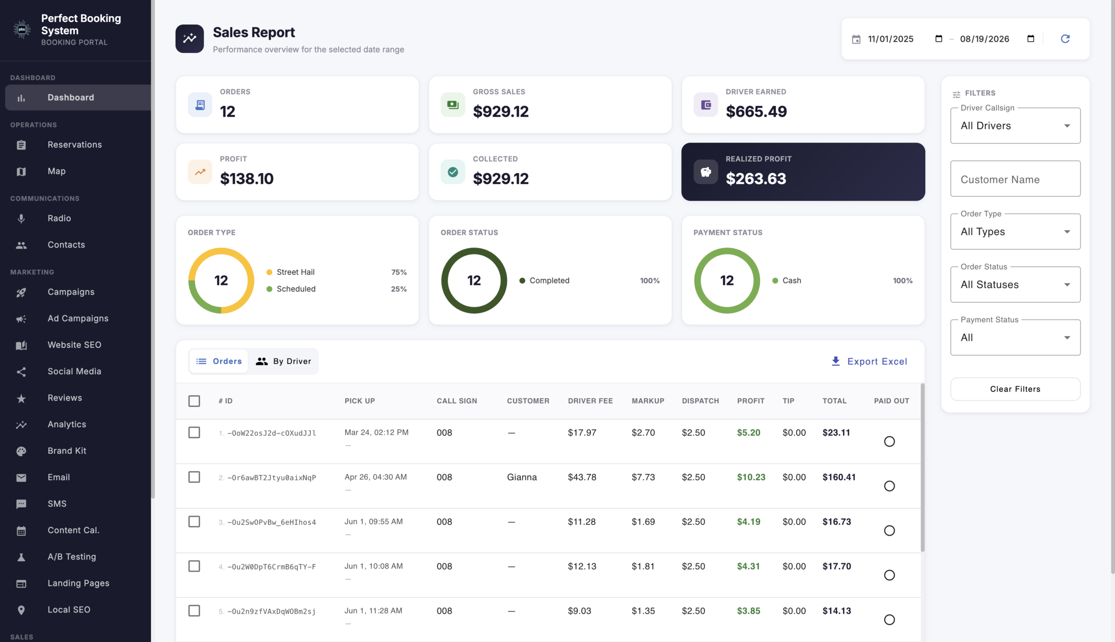 Analytics dashboard with revenue, bookings, and provider status