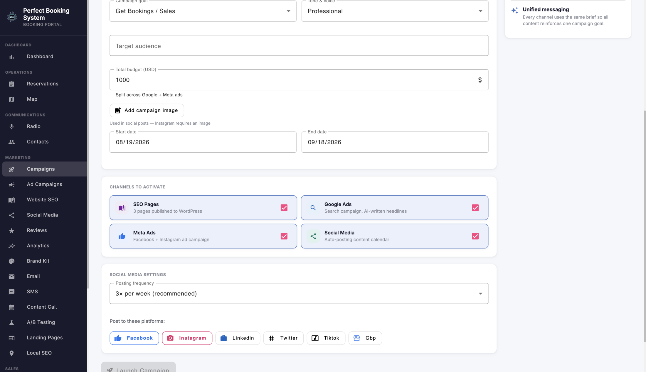 Ad campaigns list with spend, bookings, and cost per booking