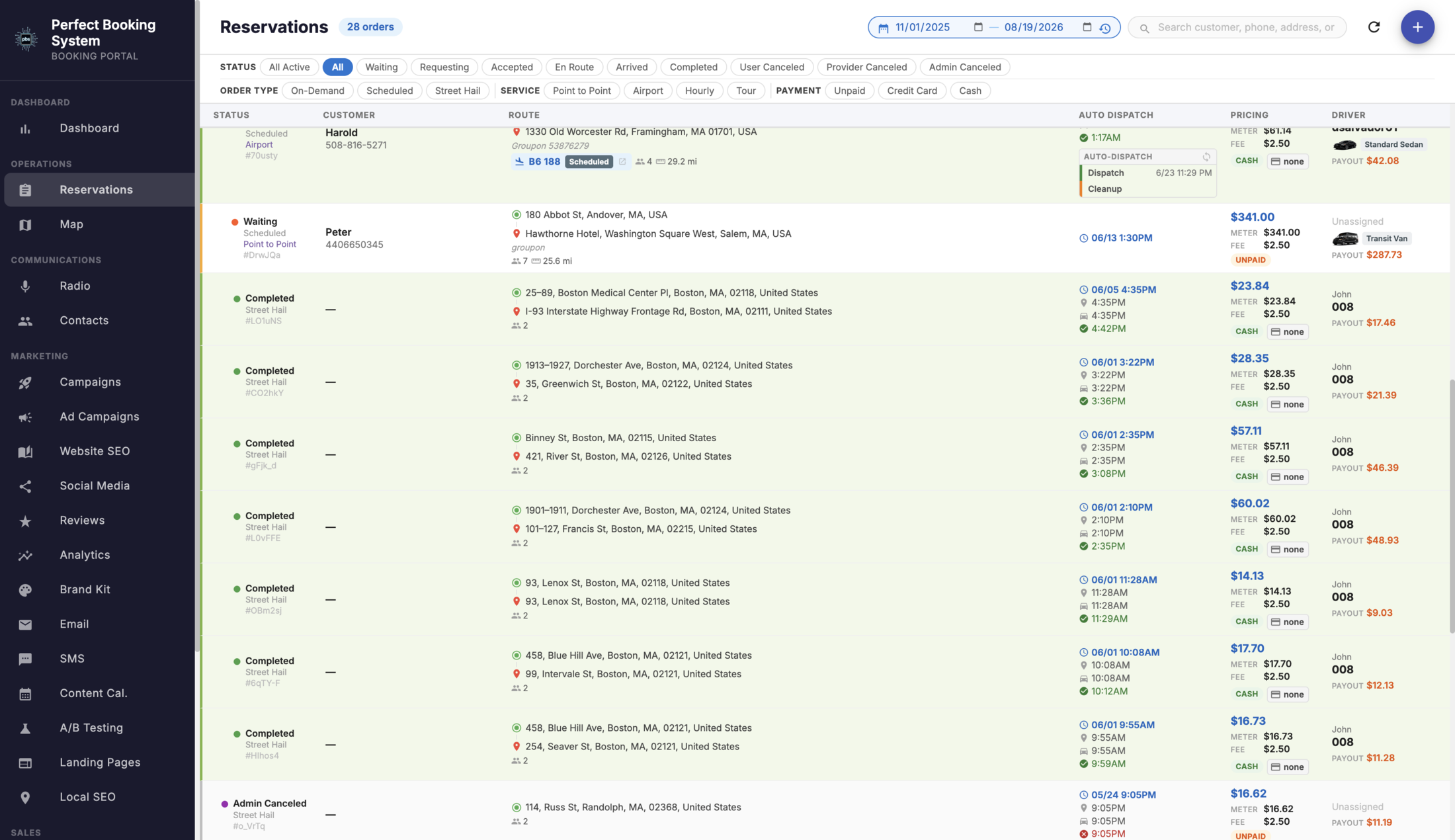 Reservations board showing live bookings, status, and payment details